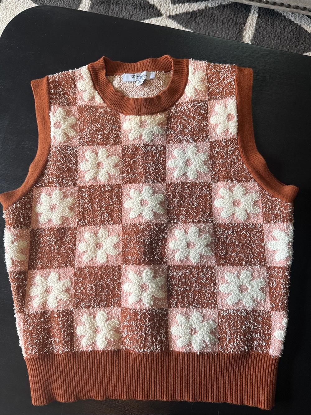 Polagram Rust and Cream Knit Floral-Check Vest
